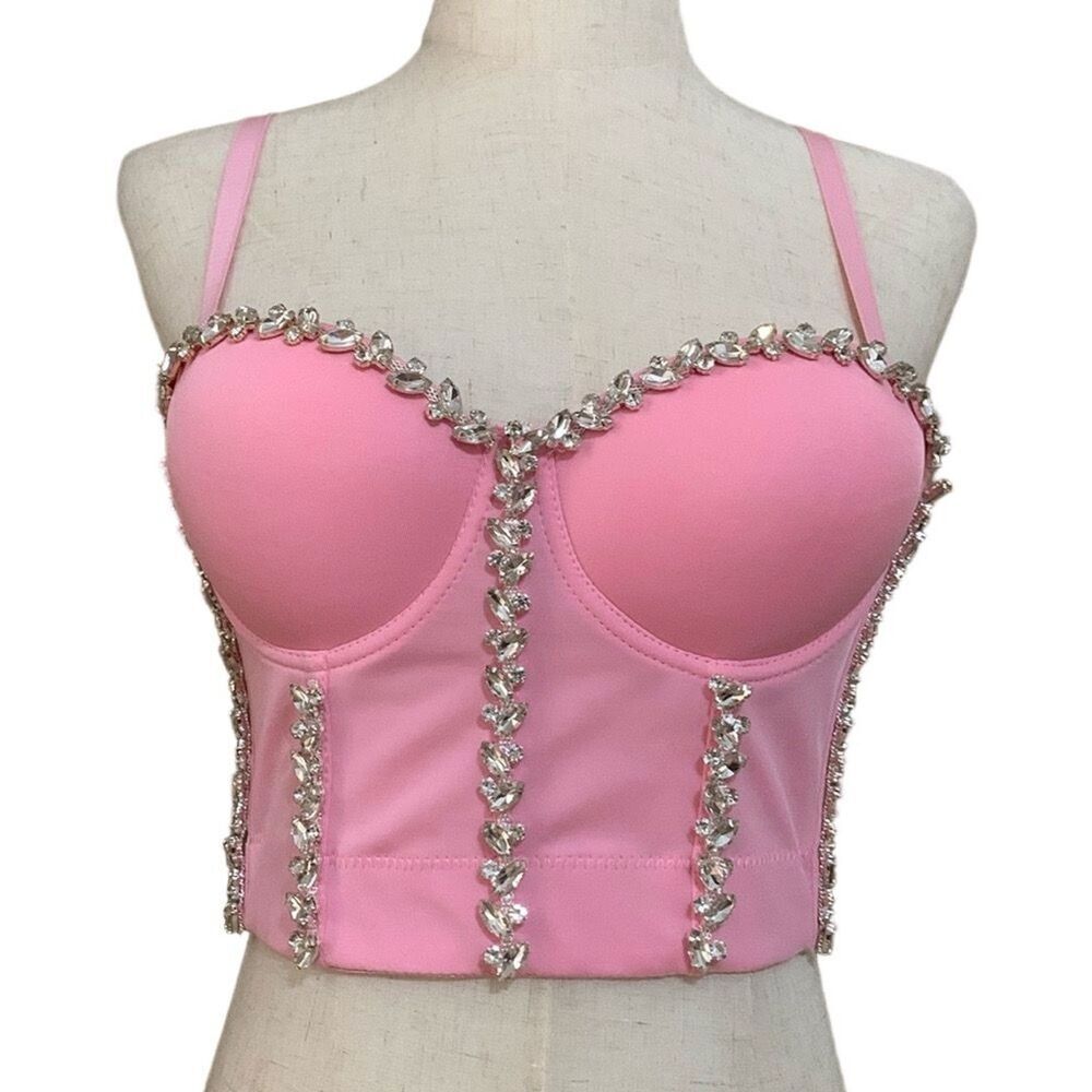 Rhinestones Bralette Corset Top Pink Sexy Bustier Removable Straps Women’s XS